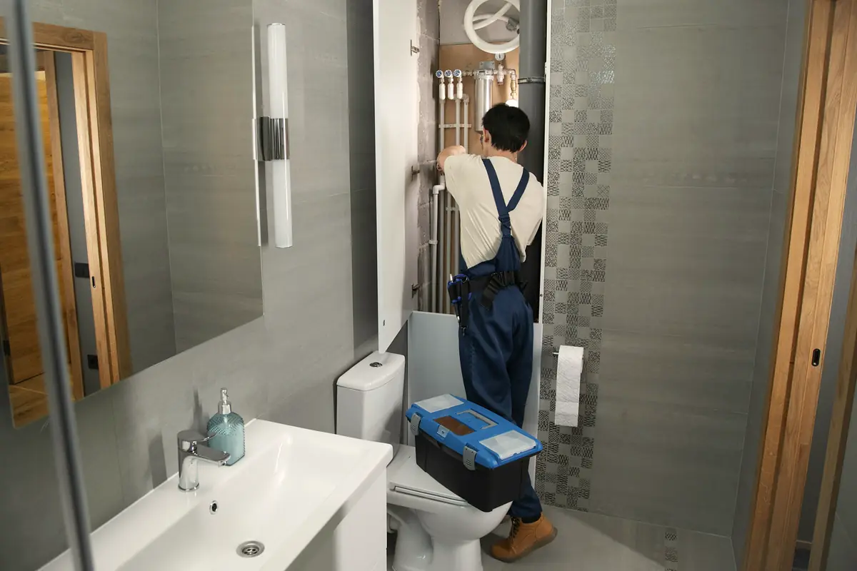 Monteur bei der Arbeit in einem Badezimmer